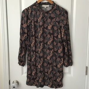 LOFT dress. Dark navy with rust print. Long Sleeves. Button Front. Loose Fit.